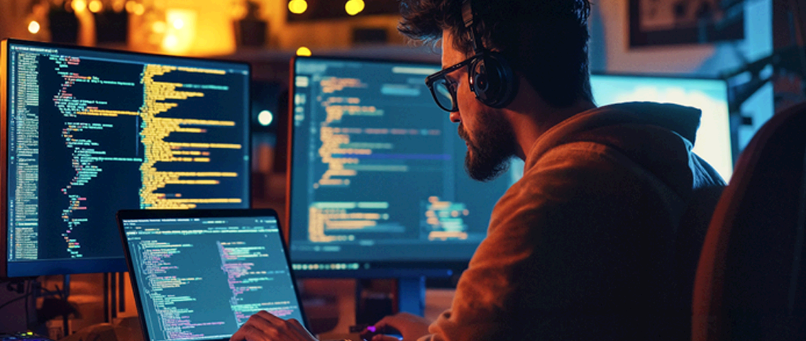 Man in headphones coding on multiple screens | It Outsourcing | Parallel Outsourcing