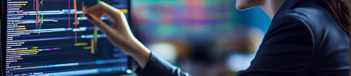 Person in suit points at code on a computer screen | Outsource Payroll | Parallel Outsourcing