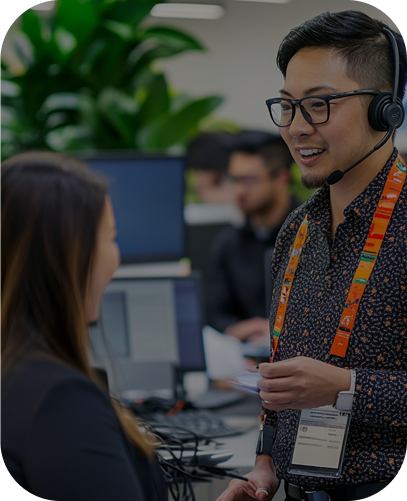 Man with headset talking to a woman in an office | Admin Outsourcing | Parallel Outsourcing