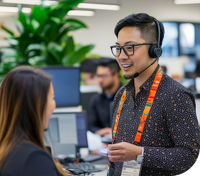 Man with headset smiling while talking to a colleague | Offshore Outsourcing | Parallel Outsourcing