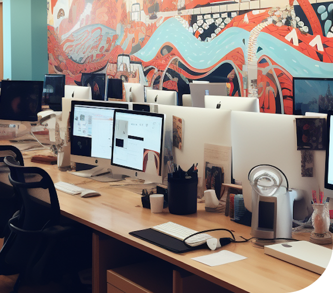 Row of iMac computers in a modern office | It Outsourcing | Parallel Outsourcing