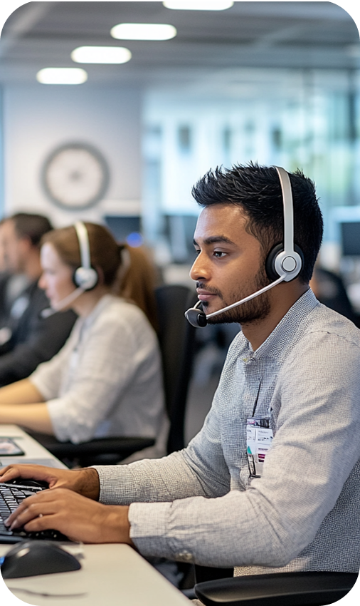 Man with headset at computer in office | Customer Service Outsourcing​ | Parallel Outsourcing
